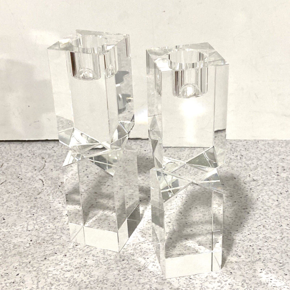 Vintage 1980s Oleg Cassini Lexington Crystal Candlestick Holders Clear Geometric - Picture 11 of 11